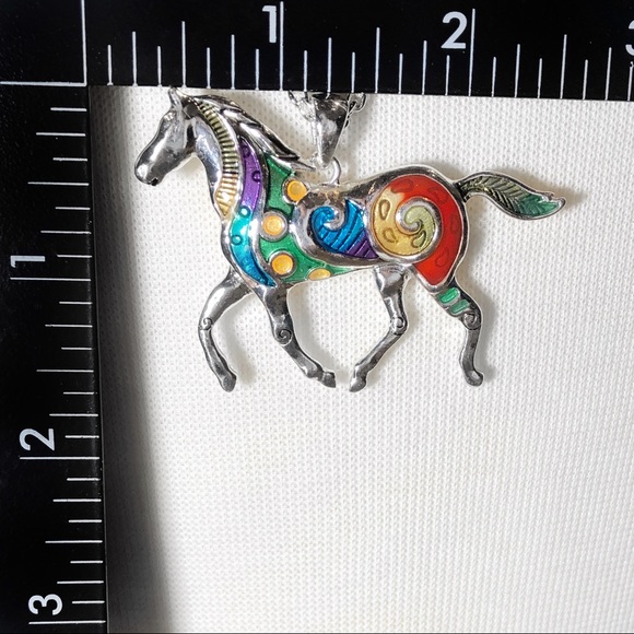 Multicolor Painted Horse Long Silver Necklace - Picture 2 of 3